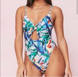 NWT Nasty Gal Swim | Tropical Print High Leg Cutout Swimsuit | Blue/Green Sz 4
